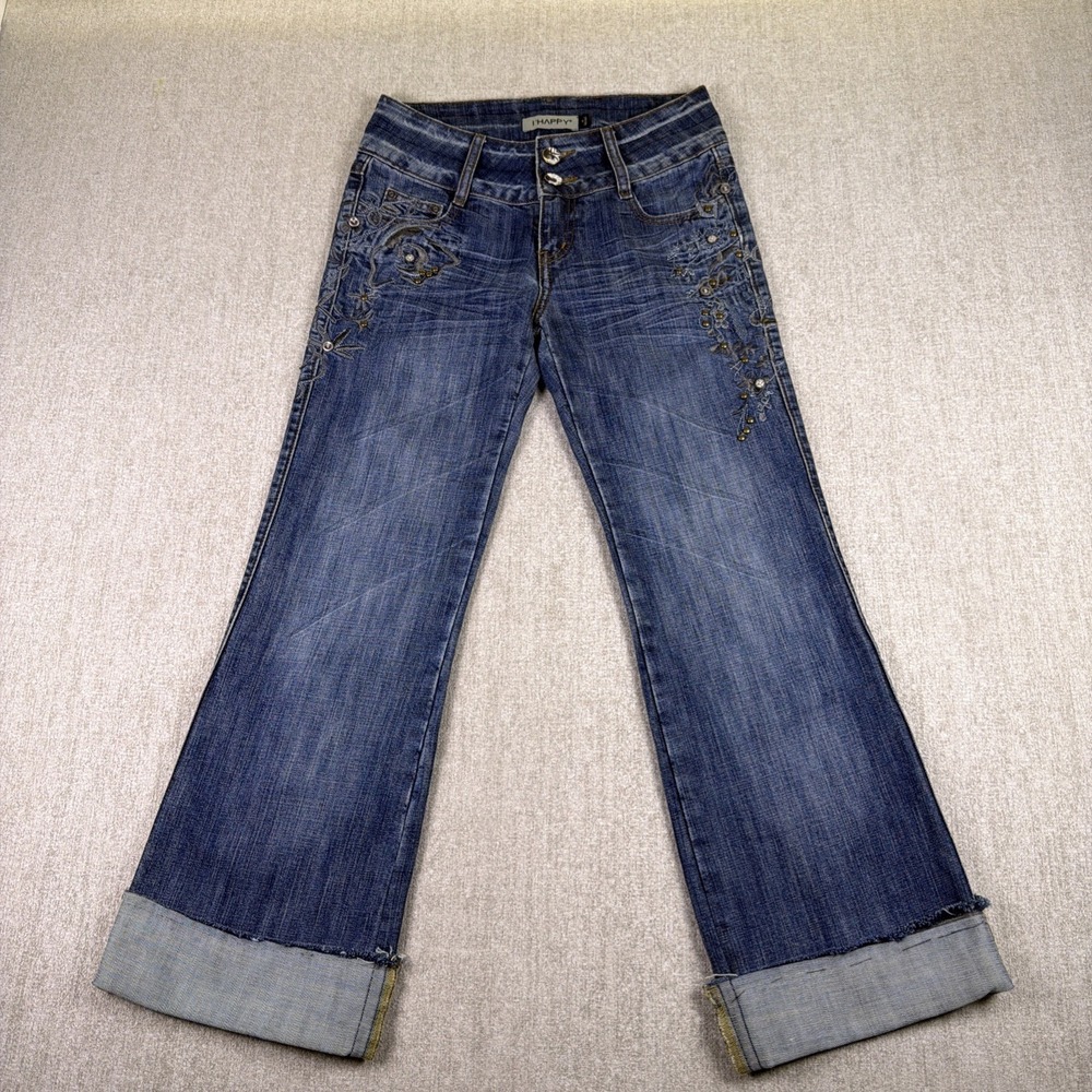 I'Happy Jeans Women Size M Blue Beaded Embroidered Cuffed Hem Straight‎ Leg